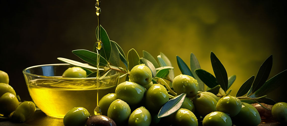 Chorro de aceite de oliva virgen extra sobre unas aceitunas de calidad de color verdes