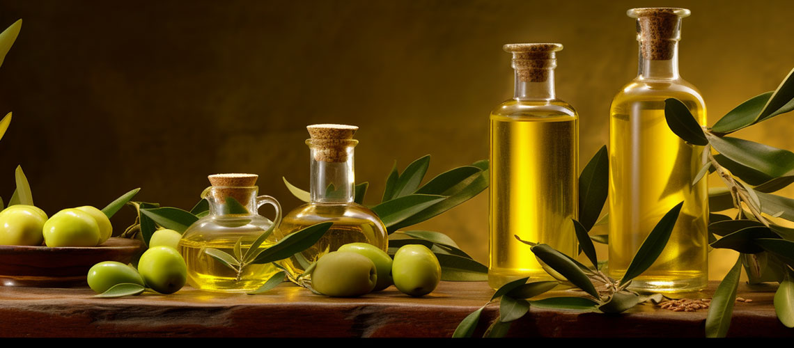 Botellas de aceite de oliva virgen extra de diferentes medidas posadas encima de una mesa de madera rústica