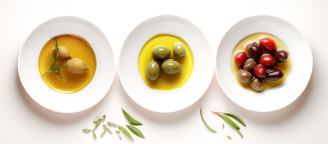 Tres platos con tres tipos de aceite de oliva virgenes