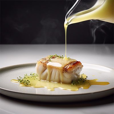 trozo de pescado a la sal emplatado con un chorro de pure de manzana y un toque de AOVE manzanilla caceraña